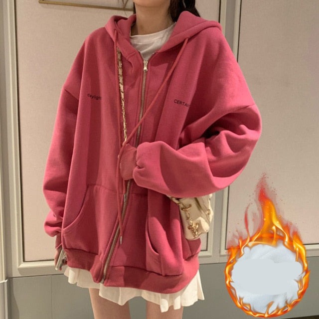 Autumn Winter Girl Korean Version Oversized Hoodies Street Style Letter Embroidery Sweatshirt Fleece Thick Pullover Tops Femmes