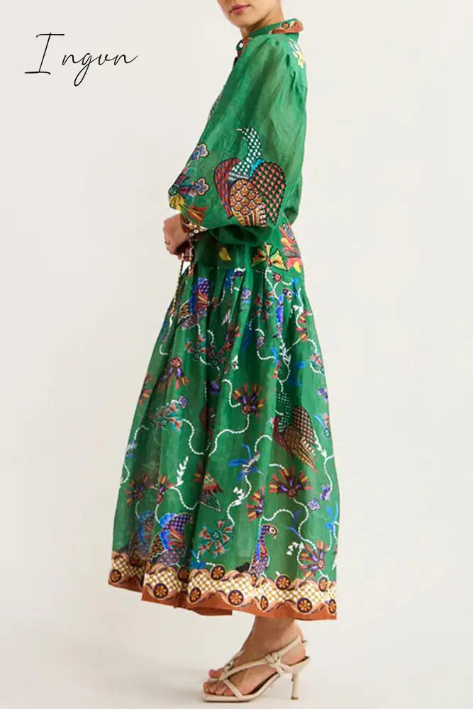 Ingvn - Bohemian College Animal Printing Turndown Collar Printed Dress Dresses