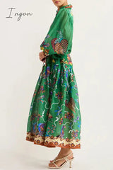 Ingvn - Bohemian College Animal Printing Turndown Collar Printed Dress Dresses