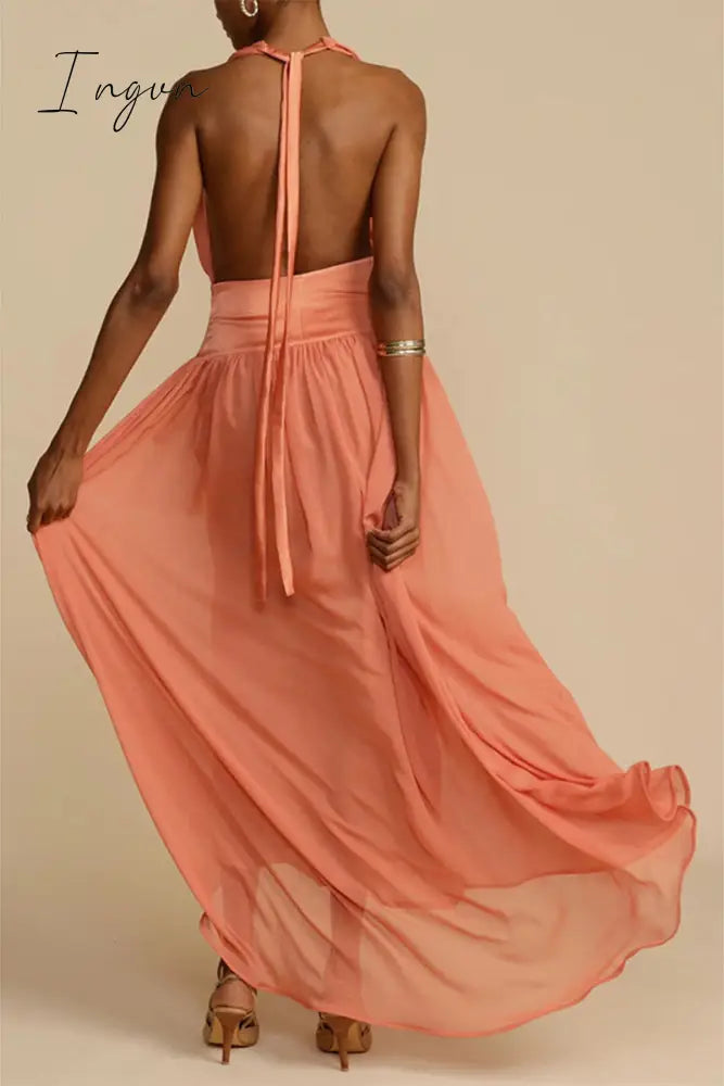 Ingvn - Sexy Vacation Solid Frenulum Backless V Neck Beach Dress Dresses