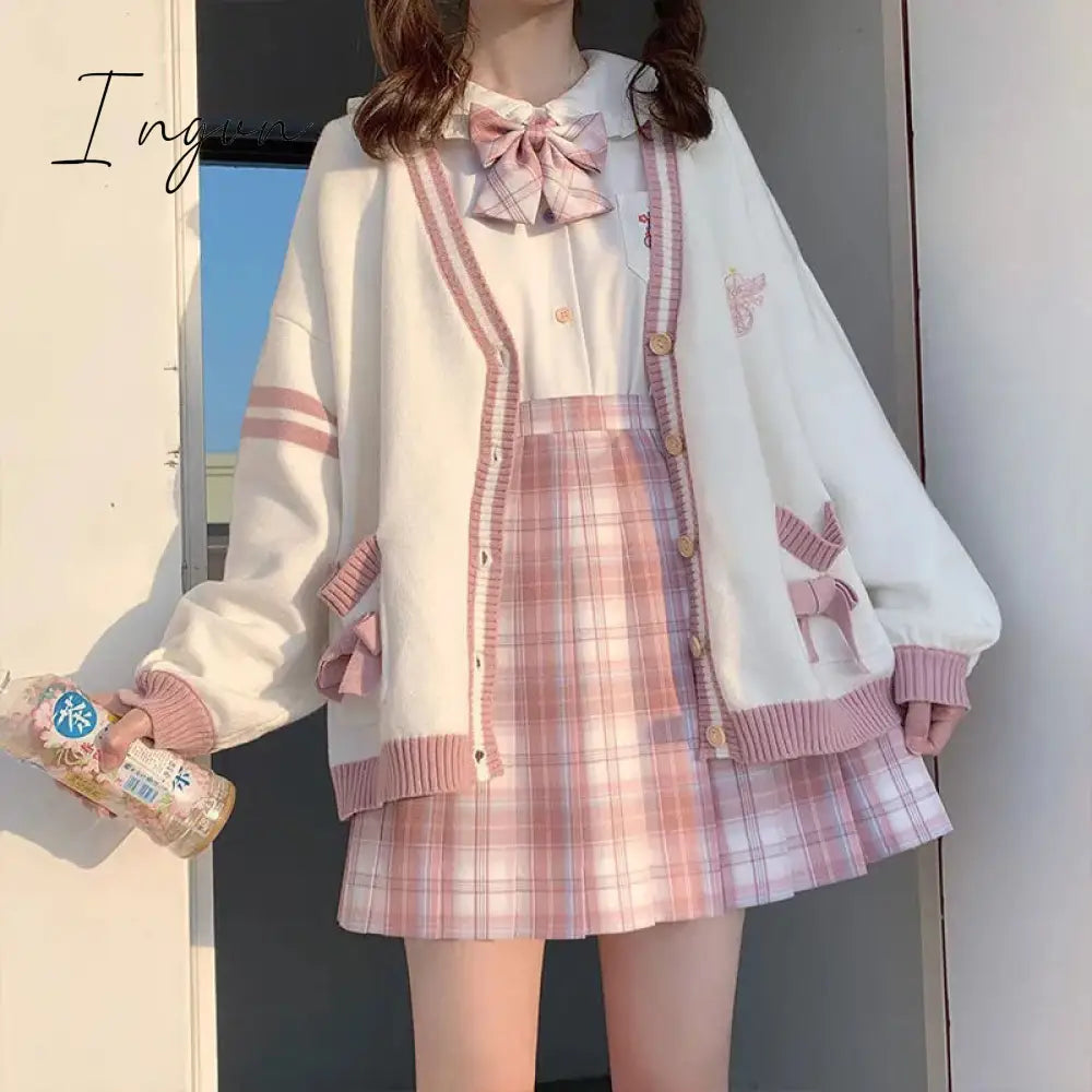 Ingvn - Spring Japanese Kawaii Fashion Pink Cardigan Women Harajuku Knitted Sweater Cute Bow Heart Korean College Style JK Uniform Coat