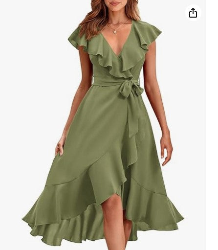 new V-neck short sleeve ruffled long temperament lace-up dress