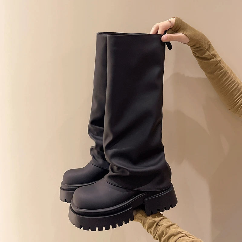 Ingvn  Winter Punk Style Women Knee High Boots Fashion Slip On Knight Long Booties Ladies Platform Thick Heels Botas Mujer
