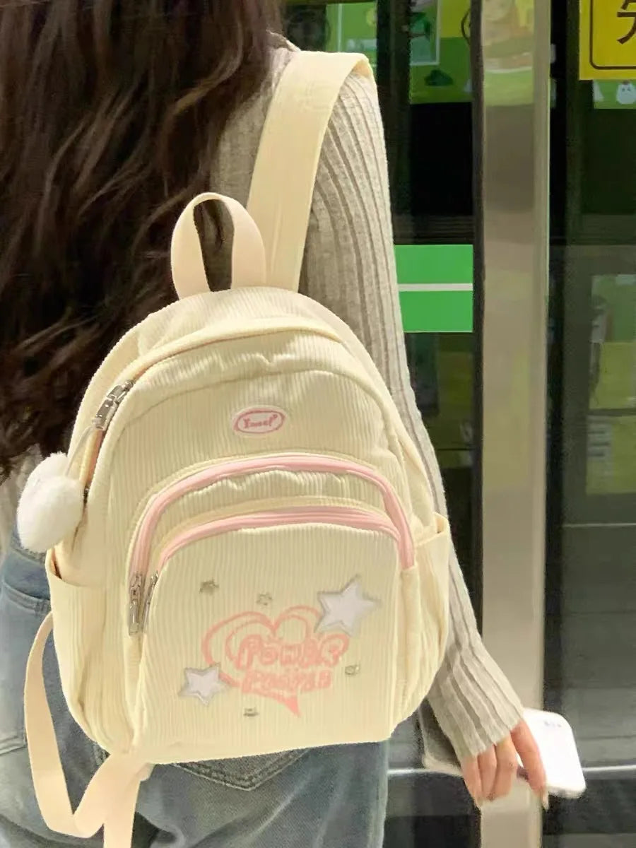 INGVN  Sweet Cute Backpack for Women Heart Star Letter White Corduroy Handbag New College Style Fresh Casual Fashion Shoulder Bag
