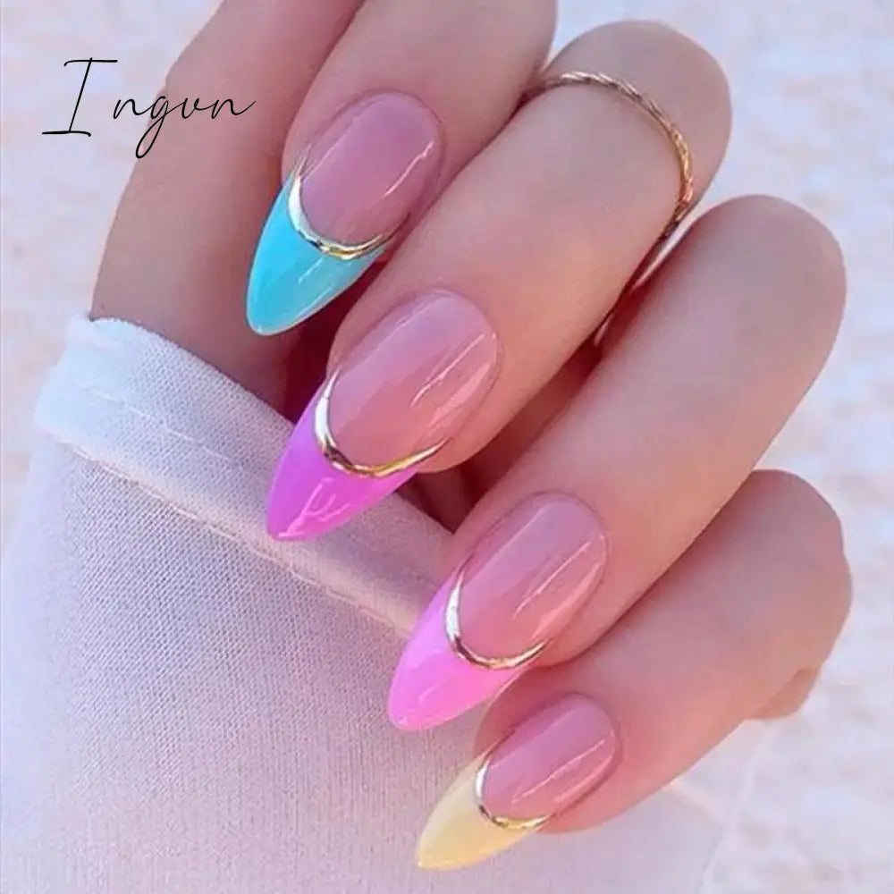 24Pcs Cute Oval False Nails Reusable And Adhesives Aesthetic False Almond Nails Complete Nail Kit Acrylic Press On Set For Gel