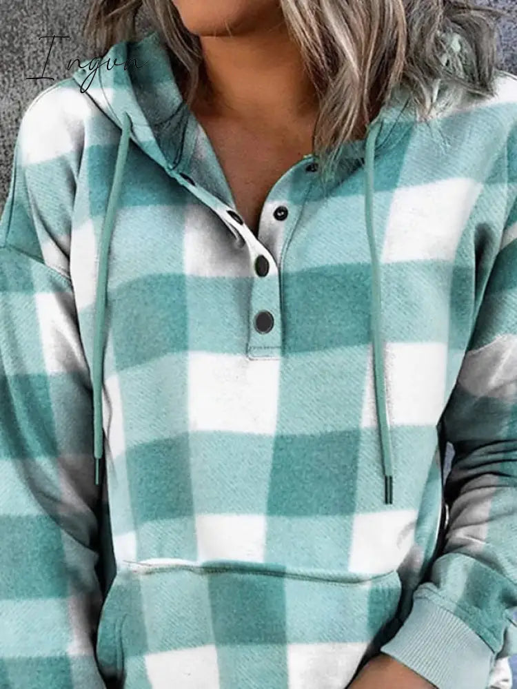 Ingvn - Women's Hoodie Sweatshirt Pullover Fashion Button Drawstring Front Pocket Red Blue Purple Plaid Casual Hoodie Long Sleeve Top Micro-elastic Fall & Winter