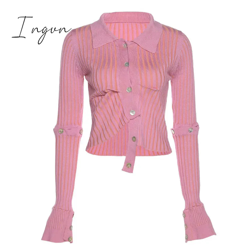 Ingvn - Fashion Trends Single Breasted Knitted Sweater Women Sexy Long Sleeve Asymmetrical Cardigans Solid Turn Down Collar Autumn Fashion Tops