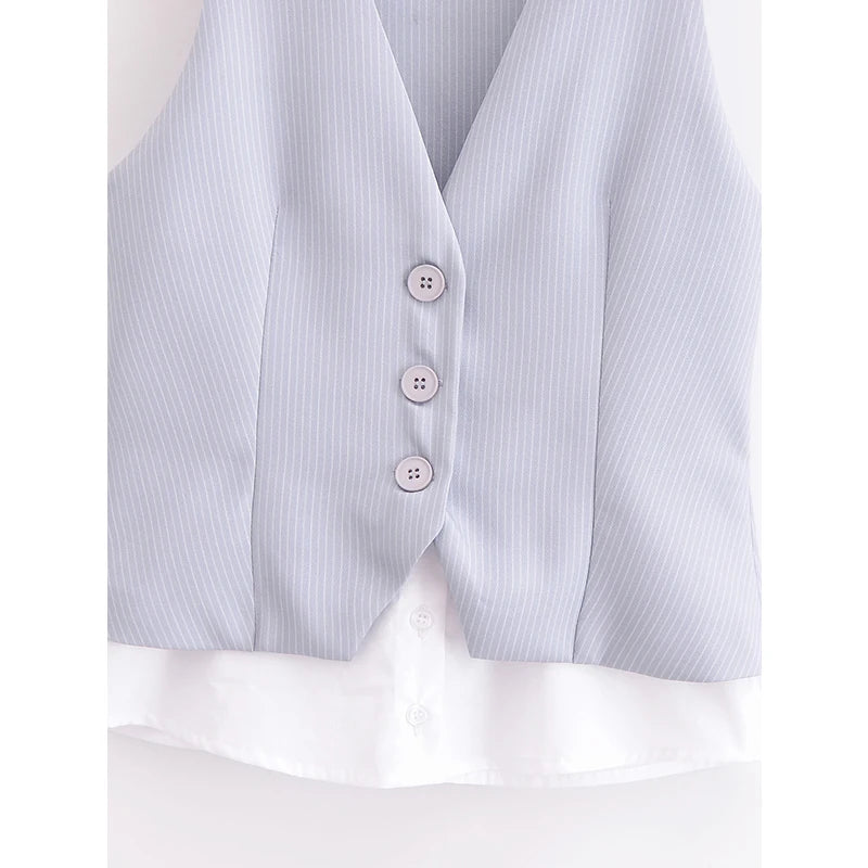 Women Patchwork Striped Temperament Vest Front Button V Neck Sleeveless Waistcoat Spring Summer Chic Tops