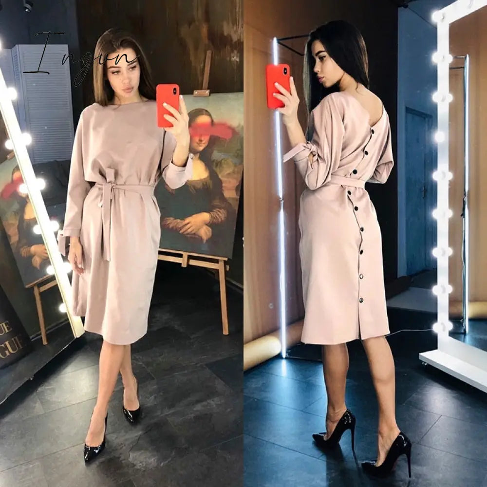 Ingvn - Sexy v Neck Autumn Long Sleeve Women Dress Ladies Sashes Button Casual Office Dress New Fashion Women Midi Dress Vintag