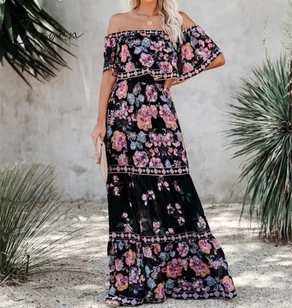 Ingvn - Summer Women's Dress White Floral Dress Off The Shoulder Long Dress Female Streetwear Casual Elegant Party Dresses Ladies