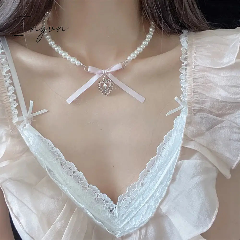 Bowknot Love Cross Imitation Pearl Pendant Necklace for Women French Romantic Sweet Clavicle Chain Harajuku Fashion Y2K Jewelry
