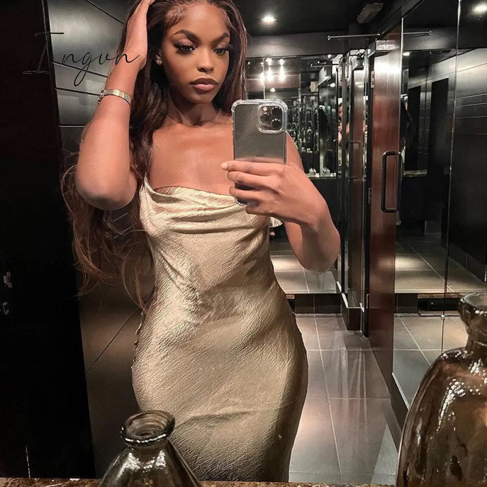Ingvn - Sexy Spaghetti Strap Long Dress Silver Backless Elegant Bandage Bodycon Satin Dresses Summer Women Party Outfits