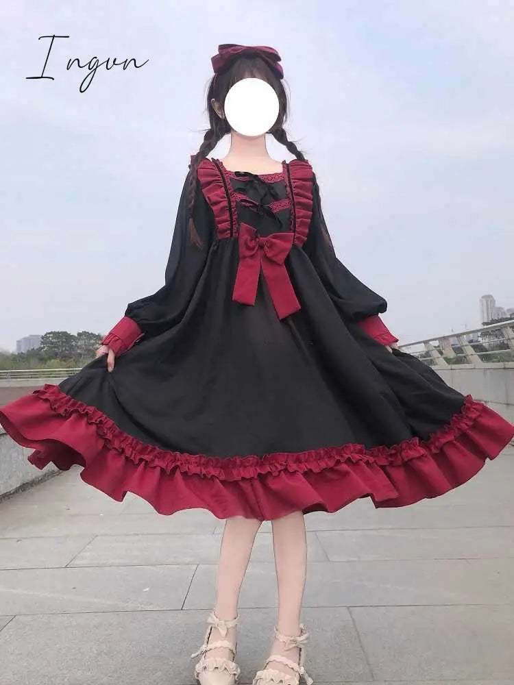 Ingvn - Japanese Harajuku Gothic Bandage Bow Splice Dress Sweet Lolita Girl Cosplay Dress Kawaii Ruffles Bow Women Party Dress