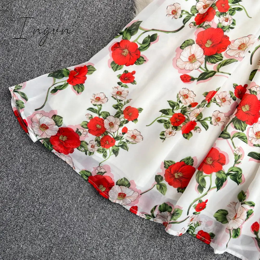 Ingvn - Summer Outfits Ladies French Retro V-neck Floral Women Dress Elegant Draped Flowers Short Puff Sleeves Slim Fairy Mid-calf A-line Dress