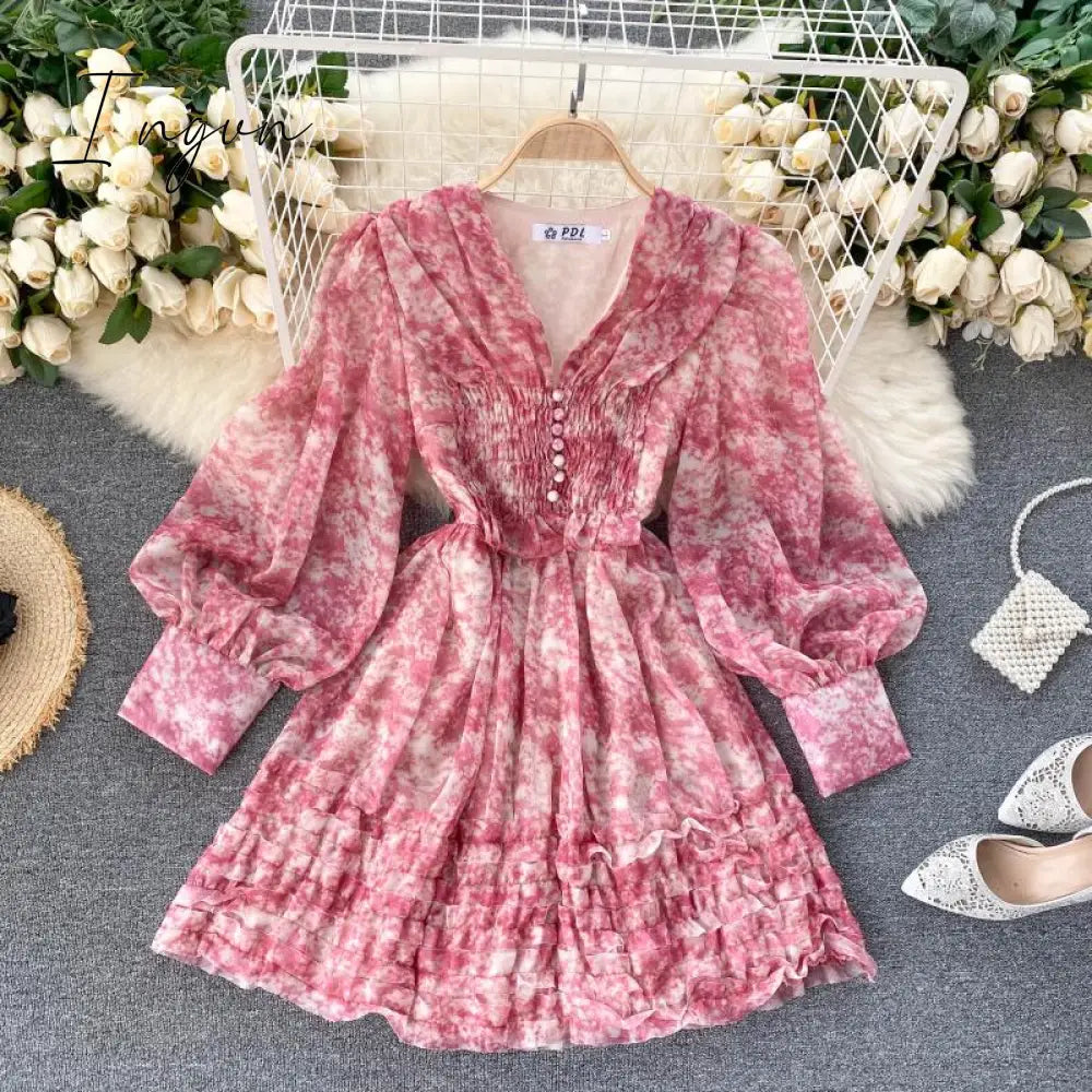 Ingvn - New Fashion Cyber Celebrity Chiffon Floral Print Dress Female Spring Summer French Retro Super Fairy Sweet V-neck Short A-line Dress ML857