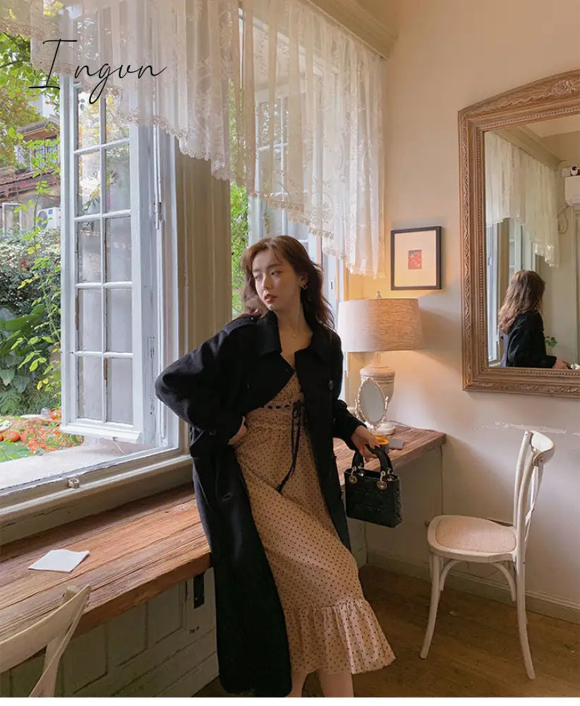 Ingvn - French Vintage Midi Dress Women Puffer Sleeve Square Collor Office Elegant Dress Female Spring Dot One Piece Dress Korean