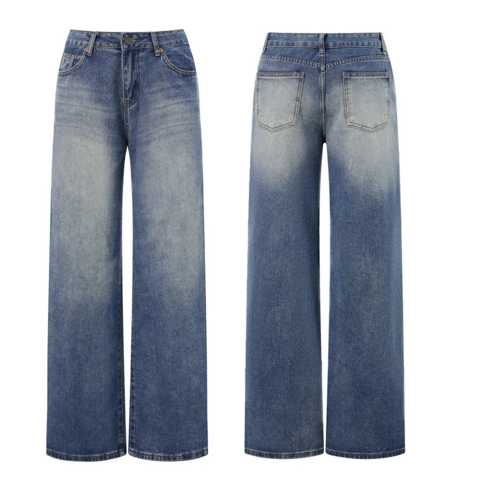 Women Jeans Low Waist Solid Color Wide Leg Straight Trousers with Pockets for Daily Streetwear Fashion Denim Pants