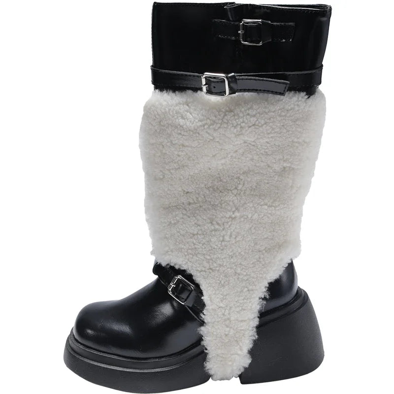Ingvn  Platform Women Knee-High Boots Fashion Fur Removable Shoes Autumn Winter Thick Heel Women's Knight Long Booties