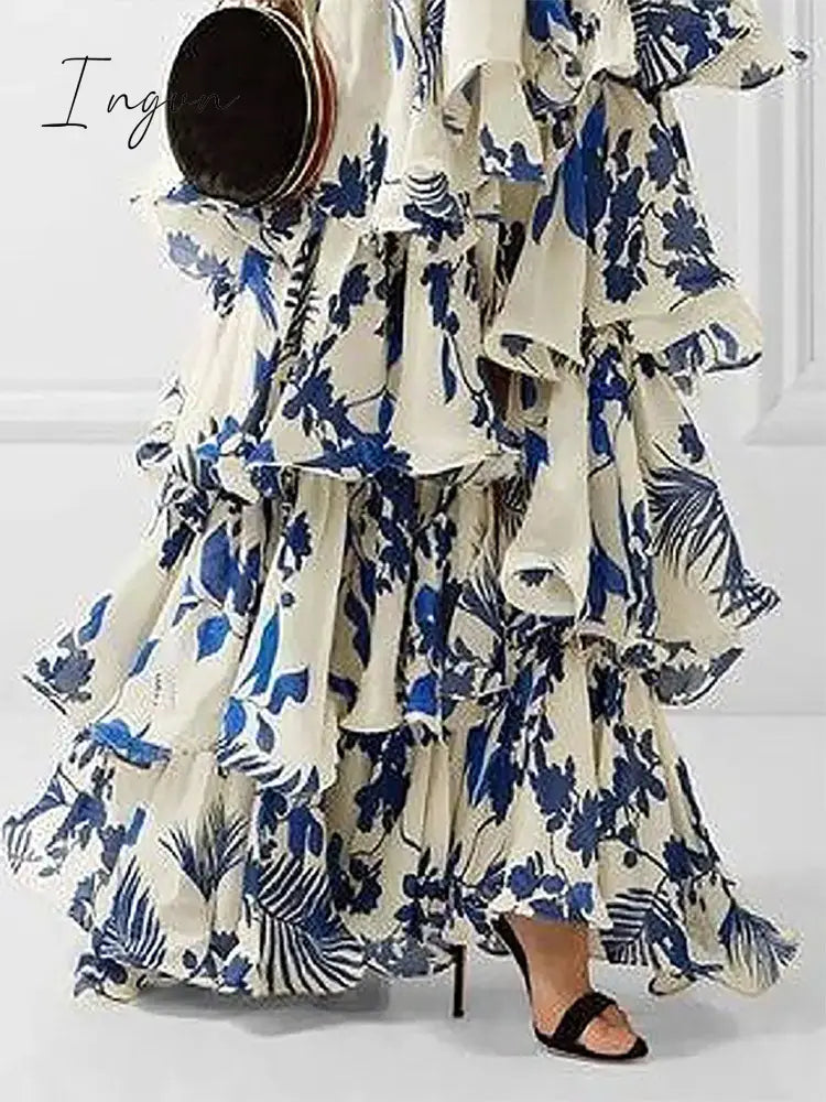Ingvn - Elegant Women's Printed Vestidos Sleeveless Neck-mounted Female Formal Wear Aesthetic Layered Ruffled Hem Evening Party Dresses