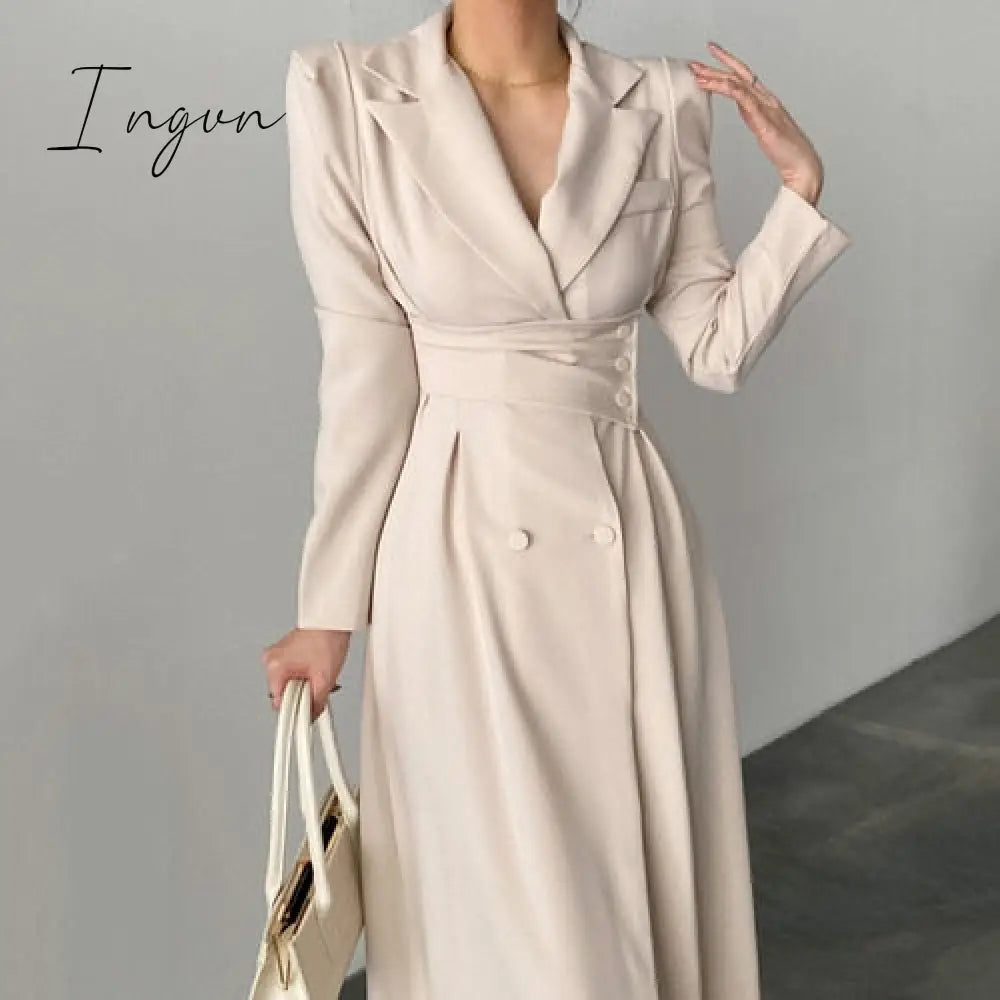 Ingvn - High Waisted Maxi Dresses for Women Long Sleeve Double Breasted Chic Korean Fashion Notched Vestido De Mujer Elegant Vintage Y2k