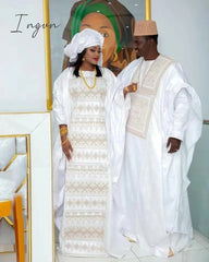 Ingvn - African Dresses For Couples Traditional  Bazin Embroidery Dresses Floor Length Dress With Scarf Couple Design