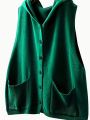 Women's Plus Size Solid Button Front Sleeveless Knitted Hooded Cardigan with Pockets, Casual Plus Size Clothing