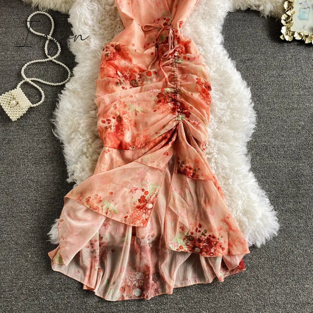 Ingvn - Vintage V-Neck Printed Chiffon Drawstring Mermaid Midi Dress Women Elegant High Waist Ruffle Vestidos Fashion Spring Summer