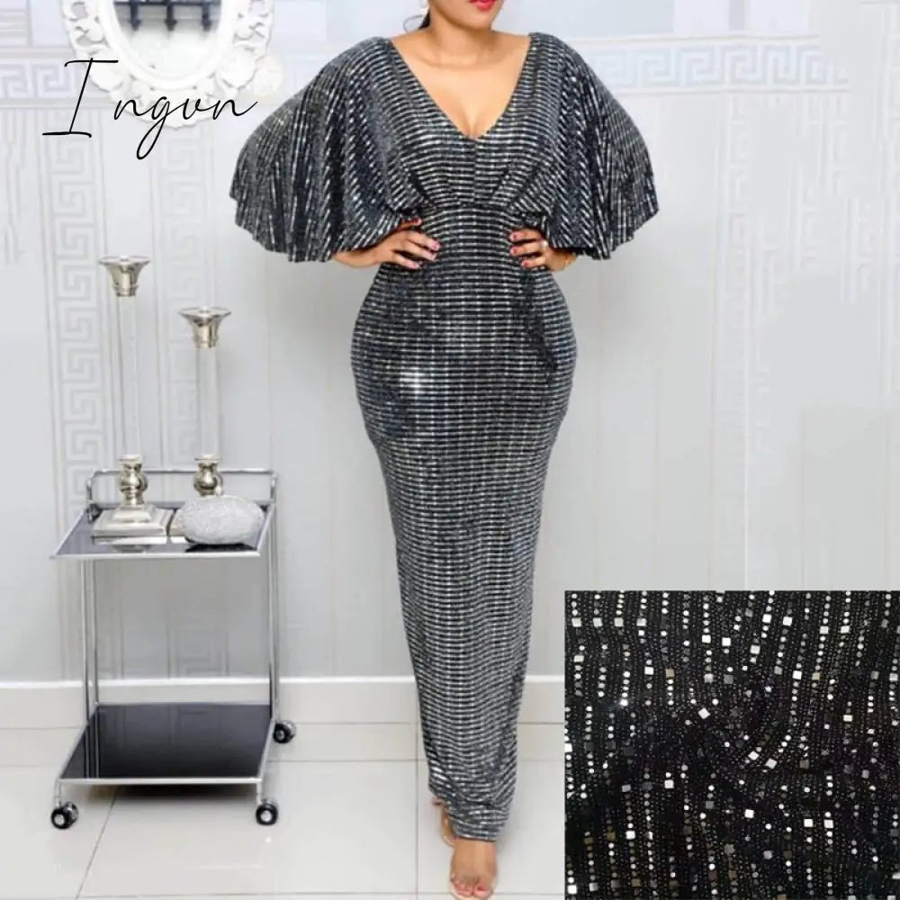 Ingvn - Summer Sexy Club Luxury Gray Party Women Long Pencil Dresses Tunic High Waist Backless Female Sequin Glitter Evening Maxi Dress