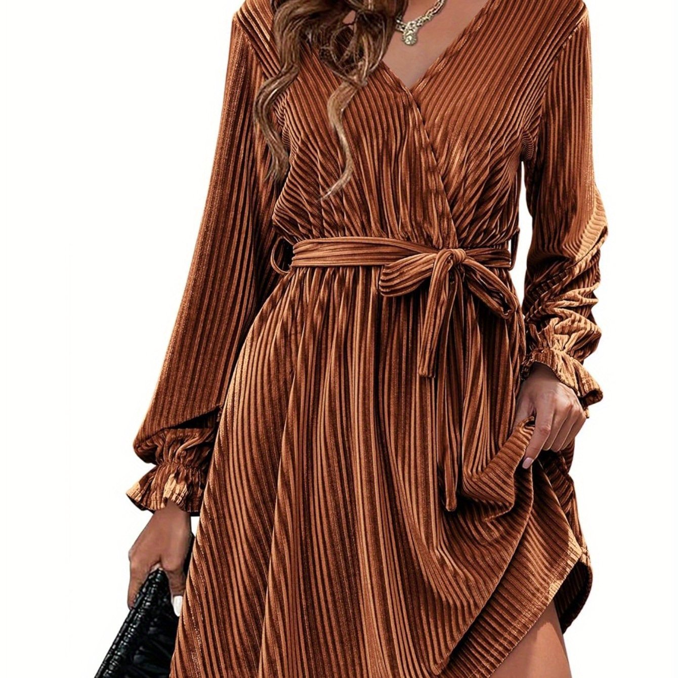 Womens Wedding Guest Dresses V Neck Wrap Dress with Belt Ruffle Lantern Sleeve Velvet Wrap Dresses