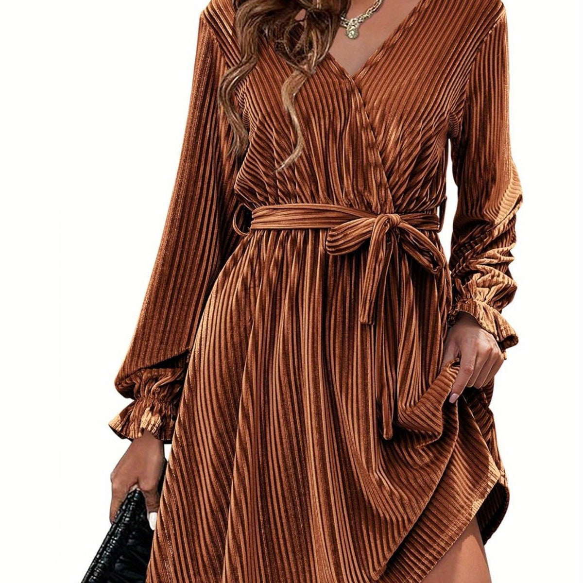 Womens Wedding Guest Dresses V Neck Wrap Dress with Belt Ruffle Lantern Sleeve Velvet Wrap Dresses