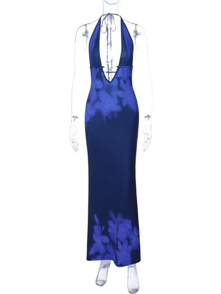 Floral Print Backless Sexy Maxi Dress for Women Fashion Deep V Neck Sleeveless Bodycon Back Slit Evening Long Dress