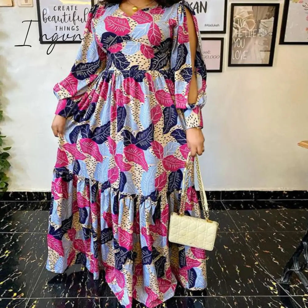 Ingvn - Summer Party Long Maxi Dress Women Long Sleeve Slit Vintage Printed Pleated Bohemian Beach Sundress Casual Vestido