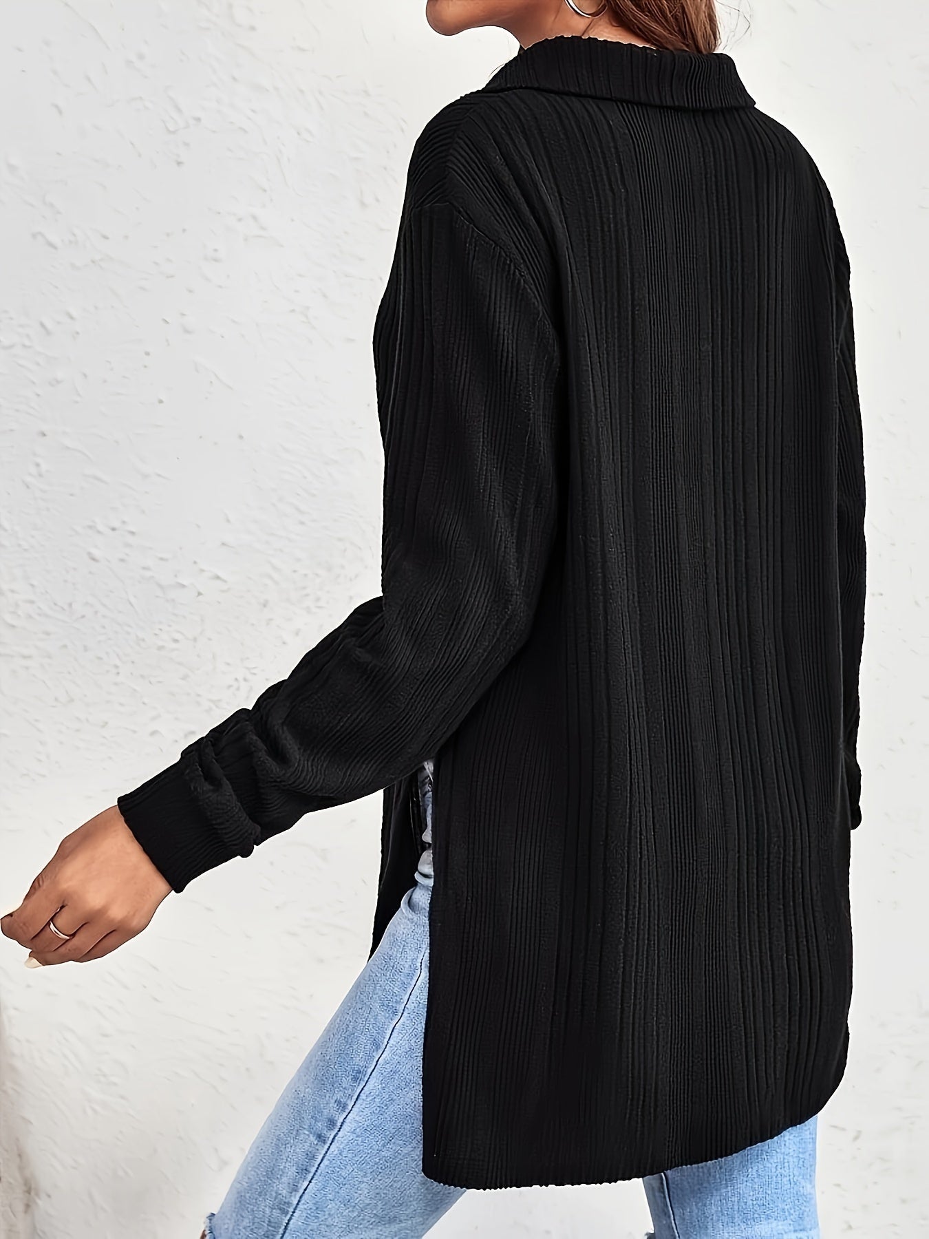 1pc Elegant Solid Color Ribbed Knit V-Neck T-Shirt, Long Sleeve Polyester Top for Women, Spring/Fall Casual Wear