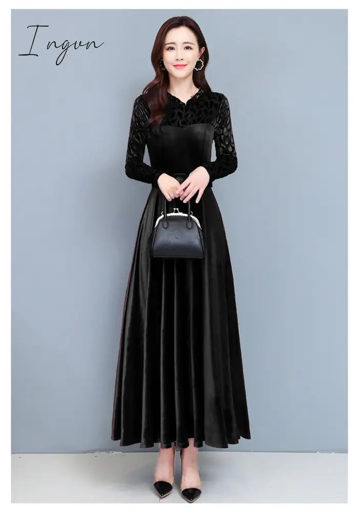 Ingvn - High Quality Fashion Vintage Velvet Dress Winter Dresses Women Long Sleeve Evening Party Dress For Middle Age Mom Vestidos