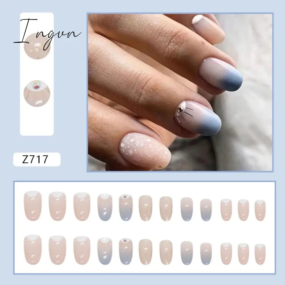 24pcs/Box Gradient Nail Art Patches False Nails Short Square Nail Blue Starry Glitter Teardrop Diamond Fake Nail Tips