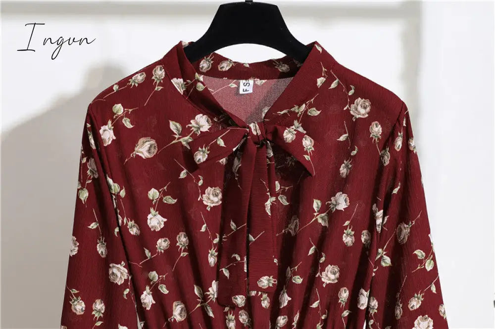 Ingvn - 11 Style Beautiful Fashion Summer Women Long Sleeve Dress Retro Collar Casual High Waist Dresses Floral Print Chiffon Clothing