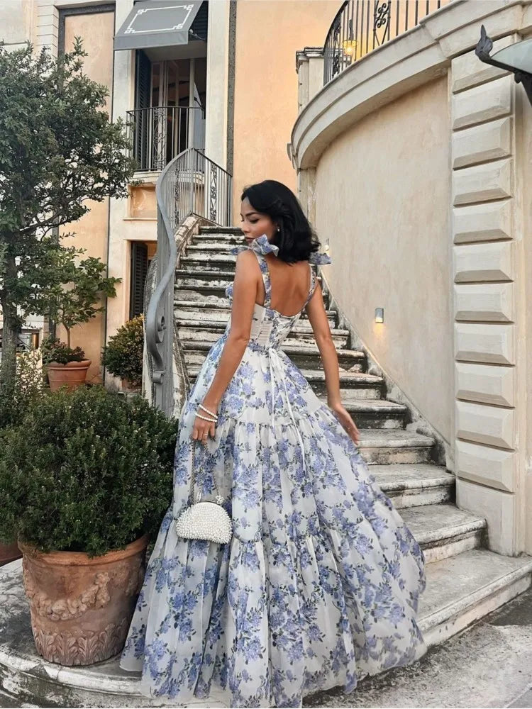Elegant Blue Print Lace-up Maxi Dress Women Fashion Square Collar Sleeveless High Waist Dresses Ladies Evening Party Robes
