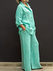 Two-Piece Solid Color Chic Pantsuit Set - Women's Casual Long Sleeve Shirt & Elastic Waist Pants Outfits with Comfortable Fabric and Versatile Style for Daily Wear