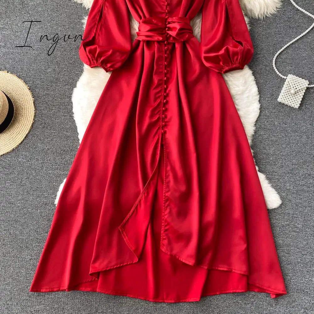 Ingvn - Womens Fashion Irregular Maxi Dress Women Design Hollow Puff Sleeve A-line Dress New Autumn Casual Vacation Split Long Dress