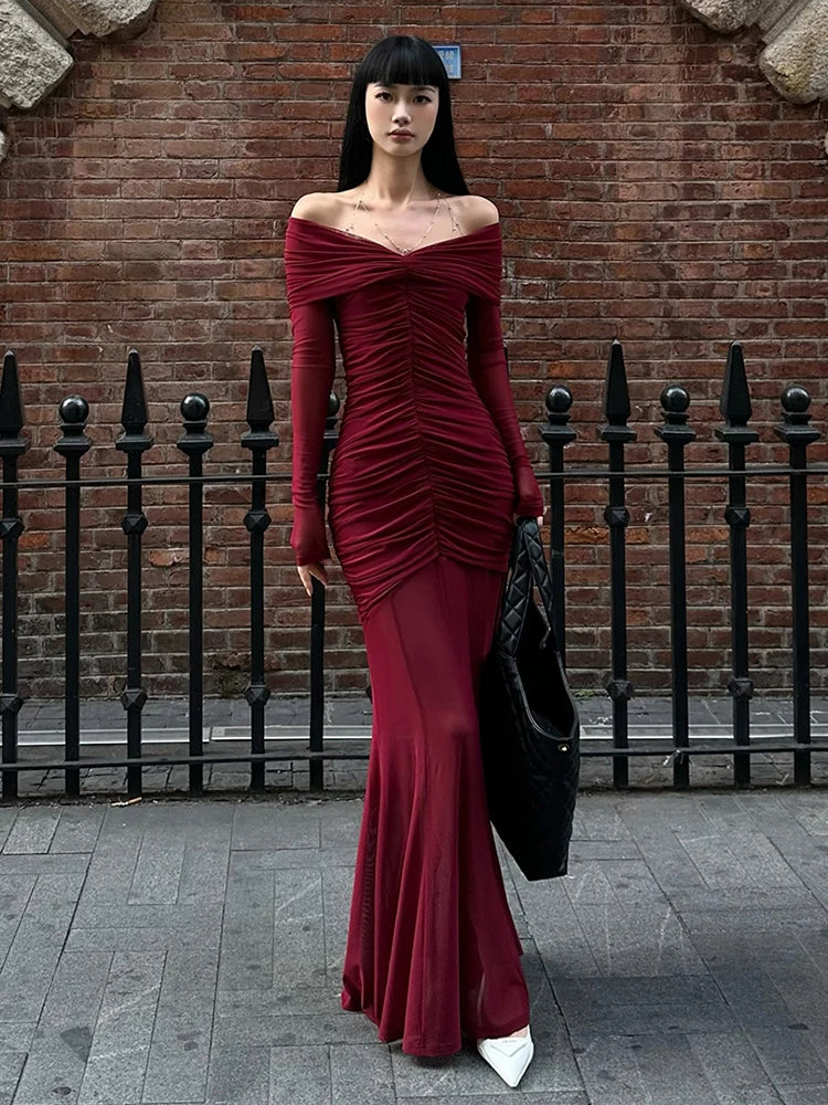 Sexy V-neck Ruched Evening Dress Women Red Retro Long Sleeve Sheer Mesh Fishtail Maxi Long One-piece Formal Party Gown