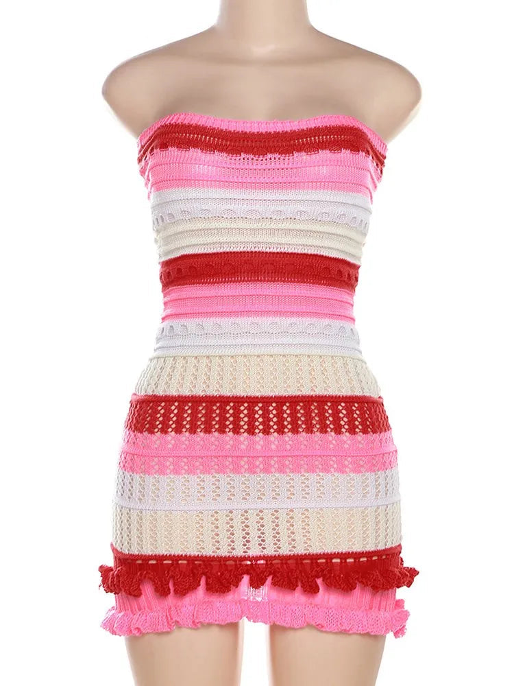 Knit Women Tube Dress Elegant Summer Patchwork Striped Ruffles Hem Skinny Stretch Bodycon Street Vacation Clubwear