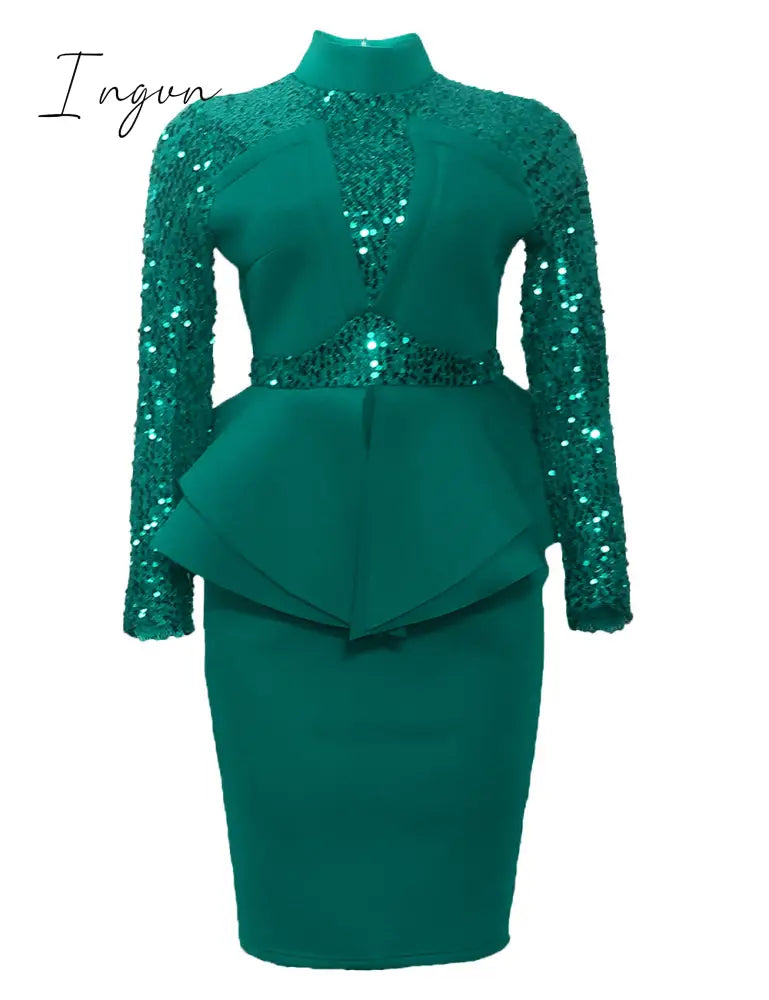 Ingvn - New arrival spring sexy lady 3 colors mid dress zipper fly ruffles bud dress full sleeve slivers office lady new dress