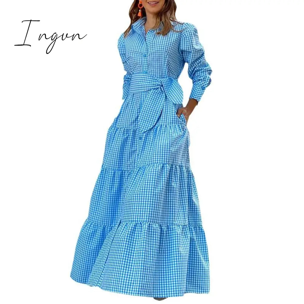 Ingvn - Spring Shirt Dress Women Long Sleeve Party Dresses Casual Lapel Button Vintage Belted Pockets Sundress Plaid Printed Robes