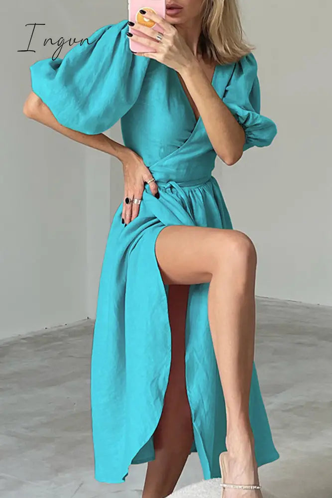 Ingvn - Sexy Simplicity Solid Frenulum V Neck Waist Skirt Dresses