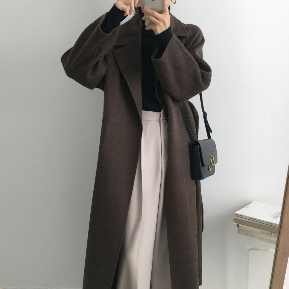 Autumn Winter Thicken Loose Wool & Blend Coats Women Elegant Lapel Full Sleeve Lace-up Oversized Female Outwear