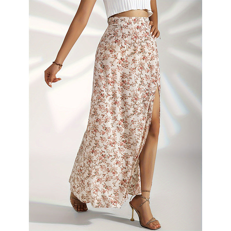 High waist slit floral long skirt for women Fashion slim printed skirt