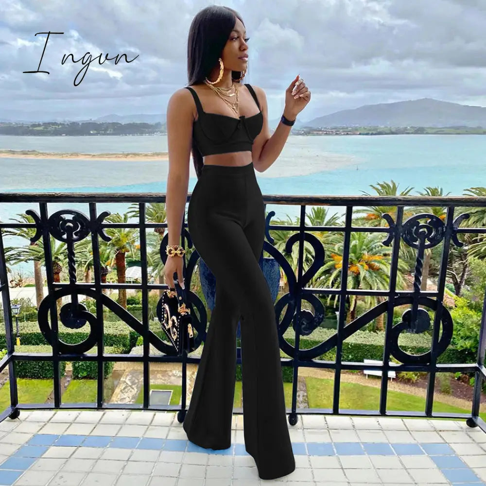 Ingvn - Summer New Women's Fashion Sexy Bandage 2 Two-piece Set Sleeveless Tight Short Top &  High Waist Flared Trousers Pants Set