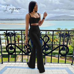 Ingvn - Summer New Women's Fashion Sexy Bandage 2 Two-piece Set Sleeveless Tight Short Top &  High Waist Flared Trousers Pants Set