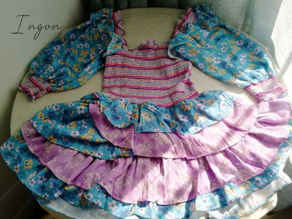 Ingvn - Inspired mixed floral prints ruffled party dress puff sleeve square neck smocked sexy laides dress mini chic summer dress