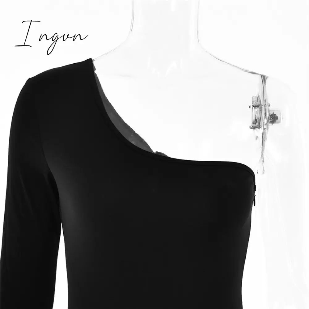 Ingvn - Patchwork Diamond Fishnet Bodycon Women Jumpsuit Black One Shoulder Long Sleeve Jumpsuit Lady Sexy Evening Party Clothes